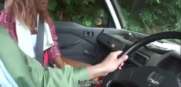  Asian slut giving him road head with a cumshot